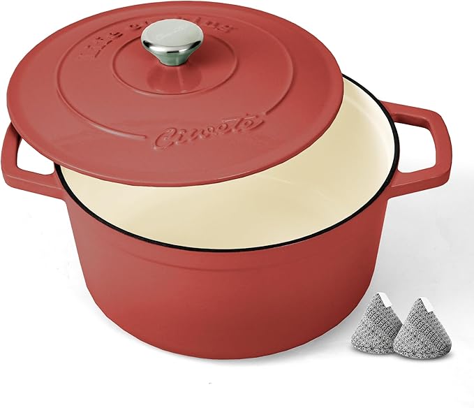 Enameled Cast Iron Dutch Oven – 6 Quart Pot with Lid & Potholders – Heavy-Duty Cookware for Bread Baking, Braising, Stews & Roasting – Oven & Stovetop Safe up to 500°F – Red