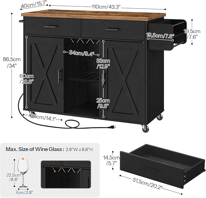 HOOBRO Kitchen Island on Wheels, Rolling Kitchen Island with Power Outlet, Island Table with Storage Cabinet, 2 Drawers, Spice Rack and Towel Rack, Black and Rustic Brown BF14UZD01
