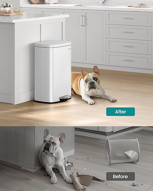 SONGMICS 13 Gallon (50 L) Trash Can, Stainless Steel Kitchen Garbage Can, Recycling or Waste Bin, Soft Close, Step-On Pedal, Removable Inner Bucket, White ULTB050W01