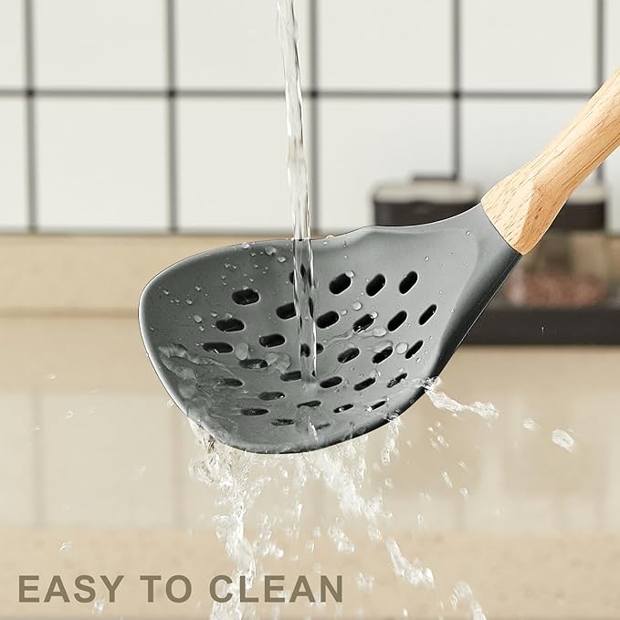 Kitchen Utensils Set - 34 PCS Non-Stick Silicone Cooking Utensils Set Spatula Set with Holder, Wooden Handle Spoon,Brush,Whisk Kitchen Gadgets Tools Set for Nonstick Cookware (Gray-34P)
