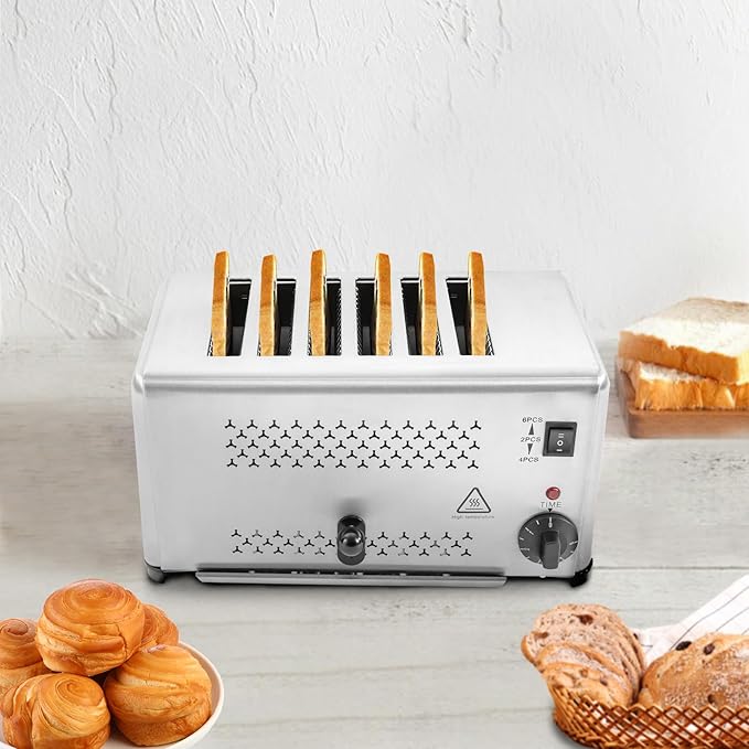 6 Slice Bread Toaster, 1650W Stainless Steel Commercial Toaster with Wide Slots, Electric Bread Baking Machine with Timing Function, 5 Settings for Restaurant Kitchen, Bakery, Home Use