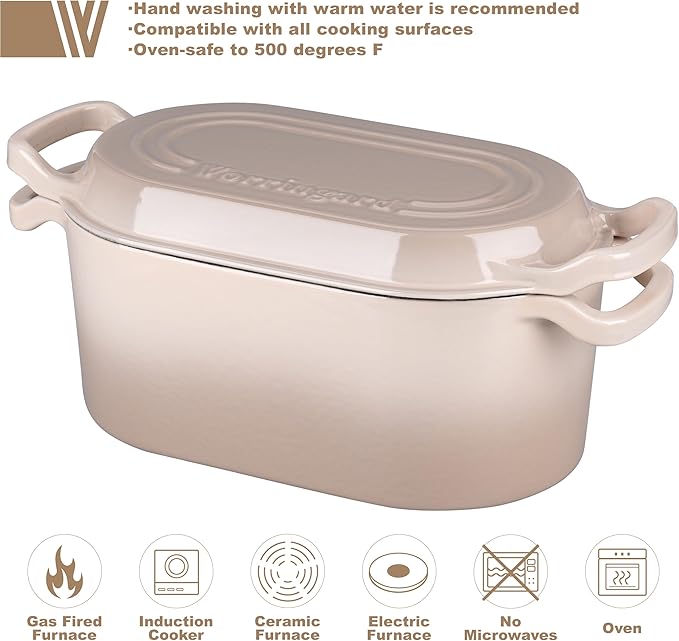 Oval Dutch Oven Pot with Lid, Enamel Coating Cast Iron Bread Pans for Homemade Sourdough Bread Baking, Cooking, 4 Quart, Latte