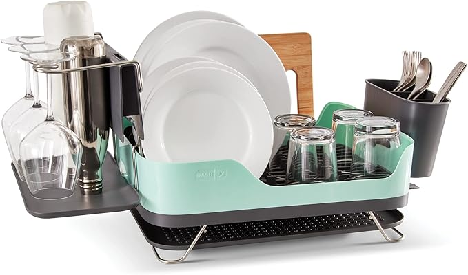 DASH SmartStore™ Full Size Dish Rack – Plates, Cups, Utensil Holder, Knife Slot, Drainage Spout + Drying Mat – Aqua
