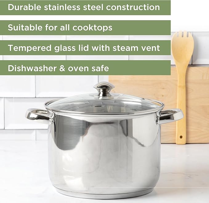 Ecolution Stainless Steel Stock Pot, Encapsulated Induction Ready Cooking Pot with Glass Lid, Oven Safe, Dishwasher Safe Soup Pot, 8-Quart