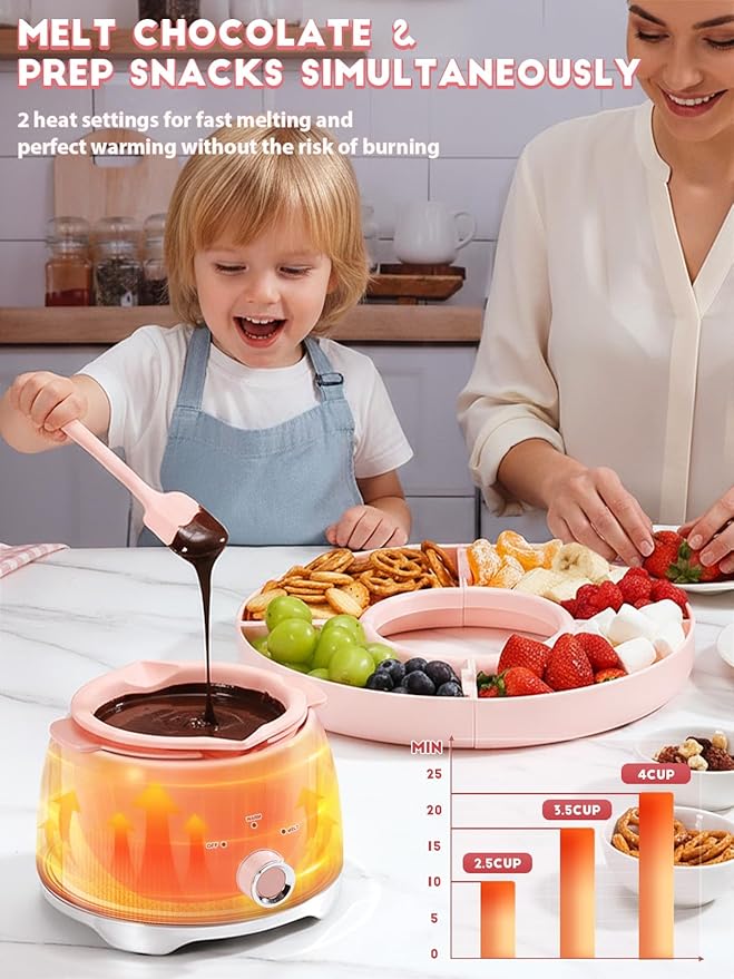 Chocolate Fondue Pot Set Electric Melting Machine, 4-Cup Capacity 4 Trays 5 Forks 1 Spatula Cheese Warmer, Ideal Gift for Couple Family & Date Night Idea House Warming Holidays Essentials