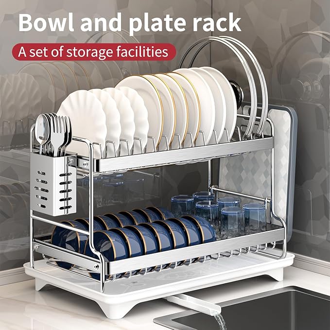 Dish Drying Rack, Double Layered countertop Kitchen Organizer with Drainage Large Bowl Rack and Storage Rack with Drainage Board