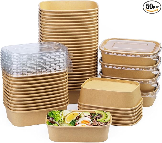 50 Pack 19 oz Paper Bowls, Disposable Food Containers with Lids, Rectangular Disposable Bowls, Disposable Salad Bowls with Lids for Diet Salad, Ice Cream, Yogurt, Party Food