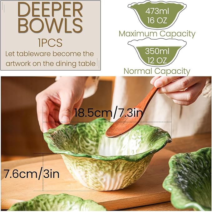 KXZ Green Cabbage ramen Bowl -16 oz pasta bowl, dishwasher and microwave safe, perfect for salads, party fruit bowls, ceramic pho soup bowls