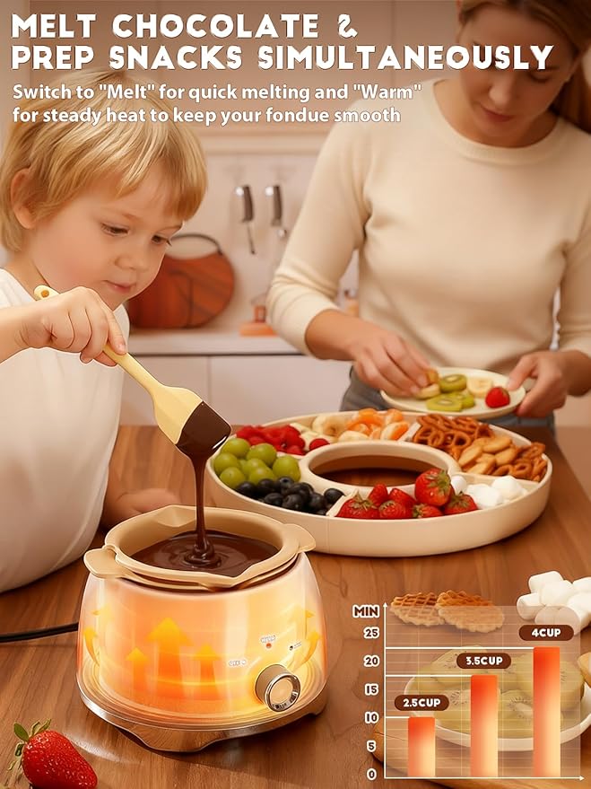 Chocolate Fondue Pot Set Electric Melting Machine, 4-Cup Capacity 4 Trays 5 Forks 1 Spatula Cheese Warmer, Ideal Gift for Couple Family & Date Night Idea House Warming Holidays Essentials