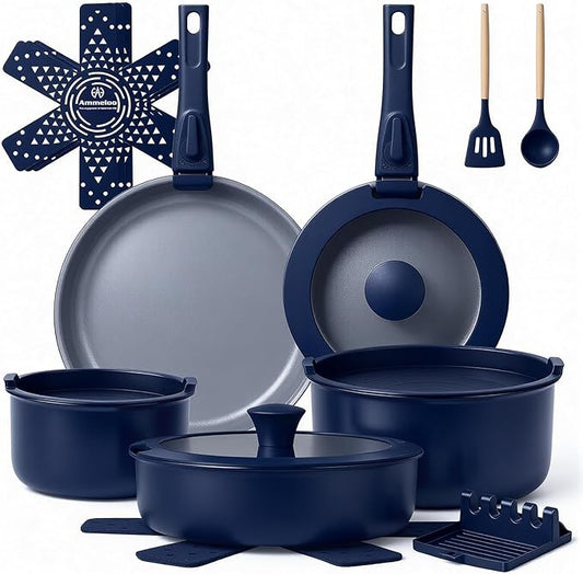 Ammeloo 18-Piece Ceramic Pots and Pans Set Non Stick, Non Toxic Cookware Set with Removable Handles, Pot Sets for Cooking, Induction Ready, Dishwasher & Oven Safe, PFAS PFOA & PTFE Free (Navy Blue)