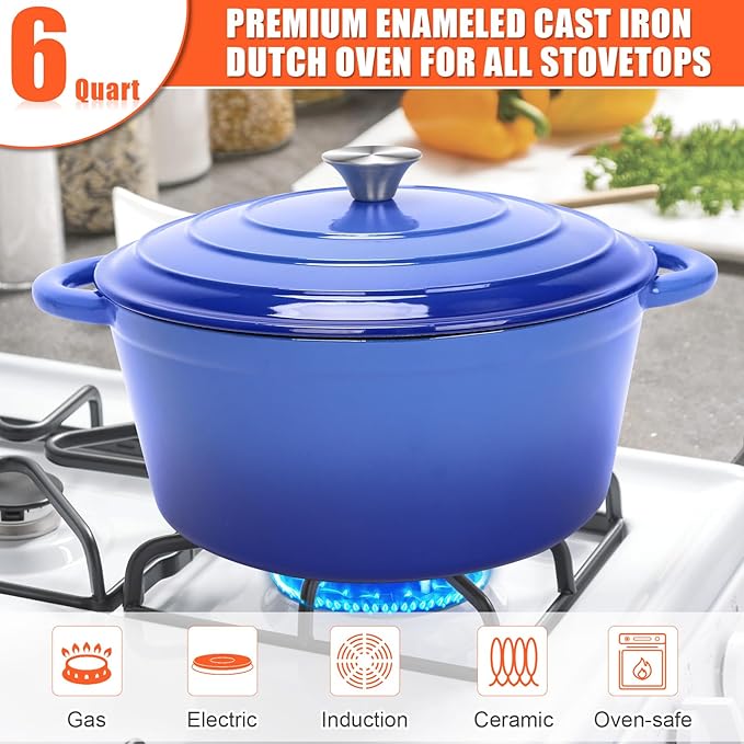 Dutch Oven for Bread Baking, 6QT Enameled Cast Iron sourdough dutch oven with Lid – Includes Proofing Basket, Scoring Lame, Dough Whisk for Sour dough, Bread-making, Blue