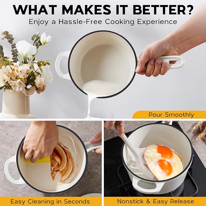Onader 1QT & 2QT Saucepan Set with Lid, Enameled Cast Iron Small Pot Sets for Cooking, Nonstick Enameled Sauce Pan Dutch Oven, Induction Compatible, Heavy Duty – White