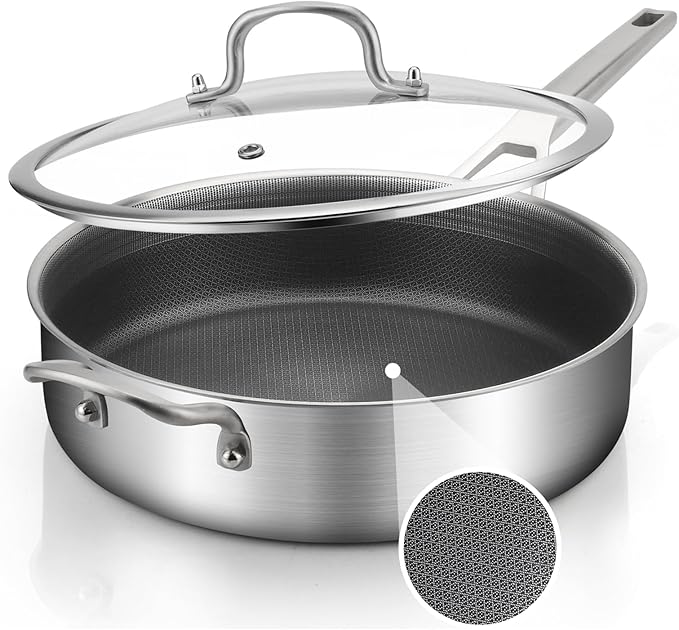 Saute Pan with Lid 5-Quarts,12.5 Inch 18/10 Tri-Ply Nonsitck Large Frying Pan, Up to 600℉ Full Clad Stainless Steel 3 Layer Deep Frying Pan with Stay Cool Handle, Dishwasher and Metal Utensil Safe
