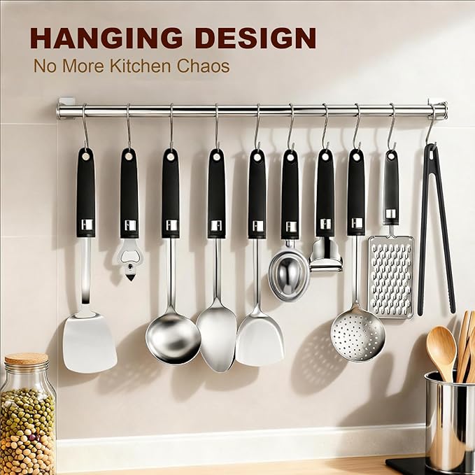 46Pcs Cooking Utensils Set - 18/10 Stainless Steel Kitchen Utensils Set, Complete Tools with Metal Kitchen Gadgets, Dishwasher Safe Spatula Set for Beginner Cooks, Apartment Dwellers, Homemakers
