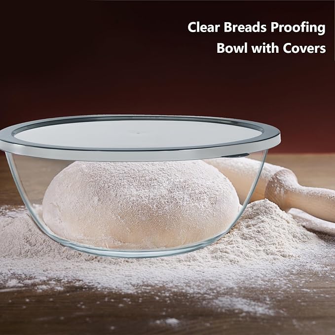4.7QT Large Glass Mixing Bowl with Lid, Clear Glass Salad Cooking Bowls for Sourdough, Salad and Storage Prepping and Baking Food Storage Set