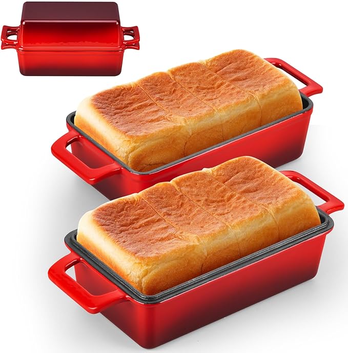 Leonyo 9x5 inch Enameled Cast Iron Loaf Pan, 2 Piece Homemade Sourdough Bread Loaf Pan with Lid, 2-in-1 Dutch Oven for Bread Baking, Pound Cake, Even Heat Distribution & Up to 500℉, Red