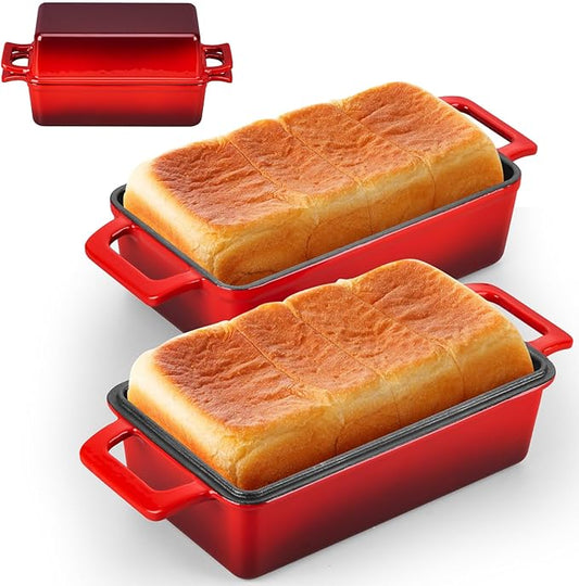 Leonyo 9x5 inch Enameled Cast Iron Loaf Pan, 2 Piece Homemade Sourdough Bread Loaf Pan with Lid, 2-in-1 Dutch Oven for Bread Baking, Pound Cake, Even Heat Distribution & Up to 500℉, Red