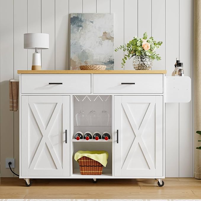 HOOBRO Kitchen Island with Power Outlet, Rolling Kitchen Island on Wheels, Island Table with Storage Cabinet, 2 Drawers, Spice Rack and Towel Rack, White and Natural WN14UZD01