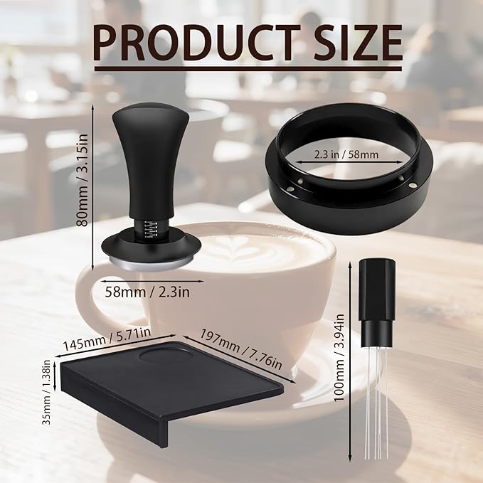 Espresso Accessories 58mm Spring Loaded Tamper Kit, 5-Piece Set with Needle Distributor WDT Tool, Dosing Funnel & Tamping Mat for 58 mm Portafilter Espresso Machines (58mm)