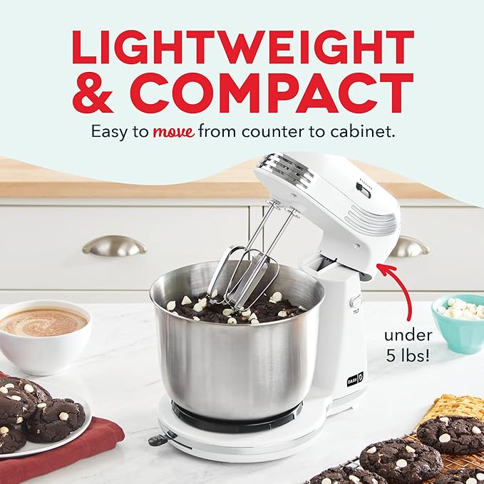 Dash Stand Mixer (Electric Mixer for Everyday Use): 6 Speed Stand Mixer with 3 qt Stainless Steel Mixing Bowl, Dough Hooks & Mixer Beaters for Frosting, Meringues & More - White