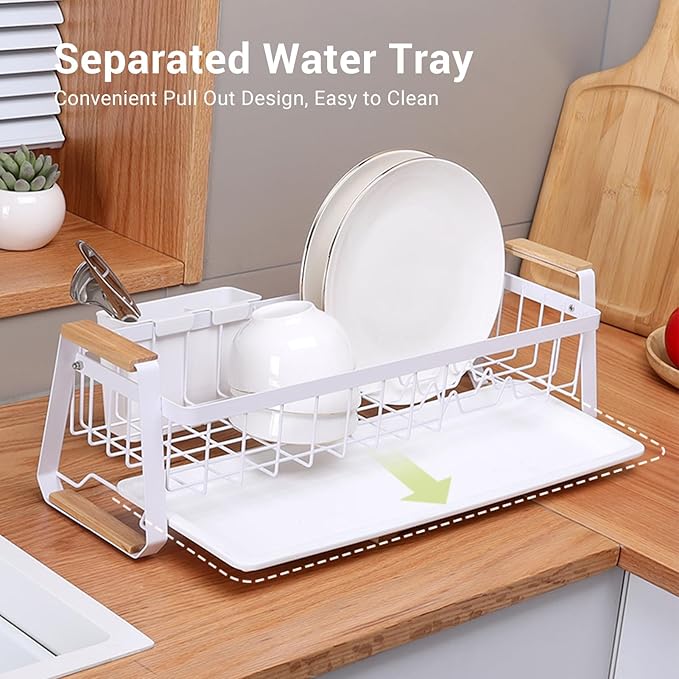 Dish Rack, Over Sink Metal and Wood Dish Drainer with Detachable Drip Tray and Utensil Holder, Space Saving Kitchen Organizer for Countertop (White)