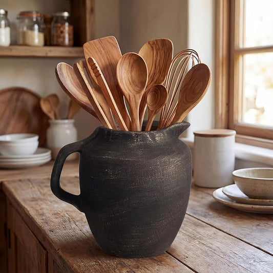 Rustic Kitchen Utensil Holder with Handle,7 Inch Ceramic Vintage Utensil Crock for Countertop, Farmhouse Kitchen Decoration Ceramic Pot for Spatulas Spoons Tongs(Novelty,Antique Black Gold)