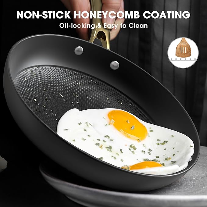 imarku Non Stick Frying Pans, 10 & 12 Inch Cast Iron Skillets with Honeycomb Surface, Oven Safe & Induction Compatible, Ergonomic Stay-Cool Handle, Gold