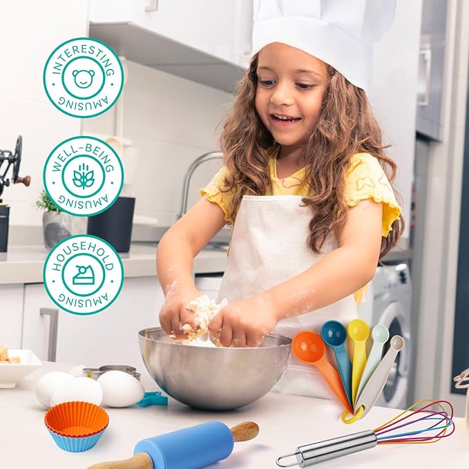Kids Cooking & Baking Set Real Cooking Utensils Guide - Complete Cooking Supplies for The Junior Chef - Kids Baking Tools for Girls & Boys - Real Kitchen Accessories Kit for The Curious Child