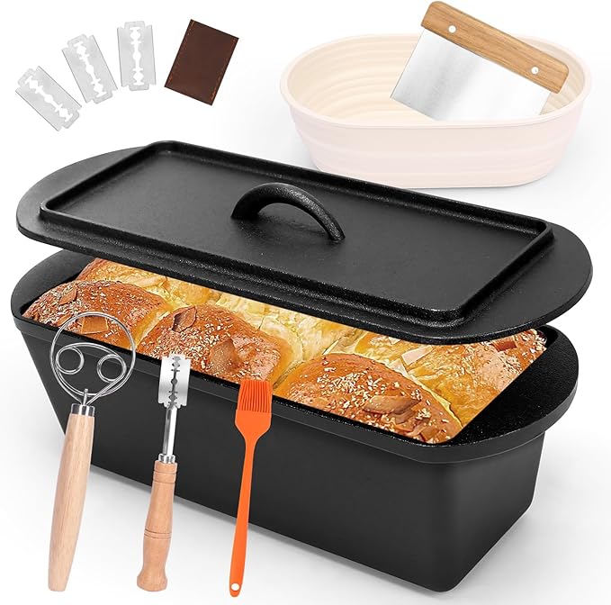 QuliMetal 14×5.5 Bread Loaf Pan, Oval Cast Iron Bread Pan With Lid,Sourdough Artisan Bread Baking Pan, Pre-Seasoned, 3.2QT, With Sourdough Starter Kit, Sourdough Artisan Bread Baking Pan