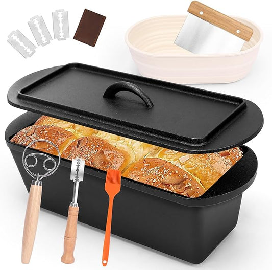 QuliMetal 14×5.5 Bread Loaf Pan, Oval Cast Iron Bread Pan With Lid,Sourdough Artisan Bread Baking Pan, Pre-Seasoned, 3.2QT, With Sourdough Starter Kit, Sourdough Artisan Bread Baking Pan
