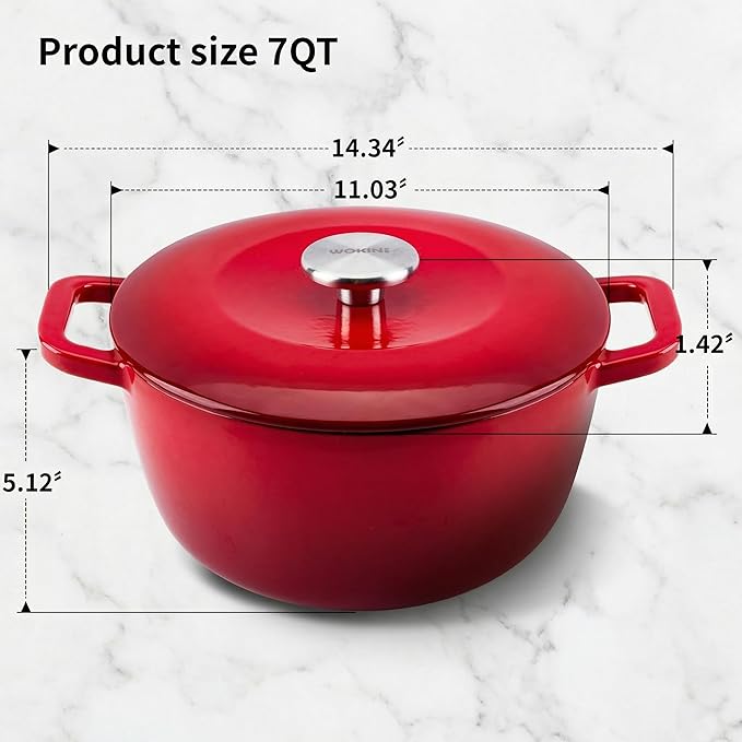 7QT Enamel Cast Iron Dutch Oven with Lid,Dual Handles,Versatile Heavy-Duty Non-toxic Cookware for Sourdough Bread Baking,Braising,Stews,Roasting,Oven Safe up to 500°F red