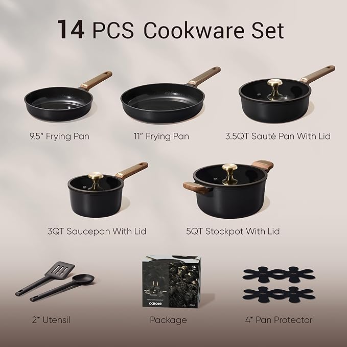 CAROTE Ceramic Cookware Set Nonstick, 14pcs Pots and Pans Set Nonstick, Non-Toxic & PFAS-Free, Dishwasher, RV/Camping Cookware Set, Cooking Pots with Lids, Charcoal Black