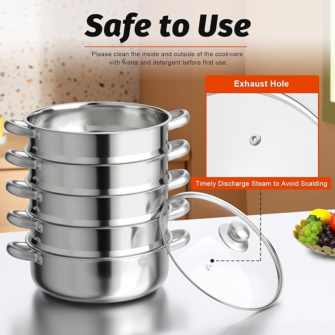 5-Tier Stainless Steel Steamer, 14.37 x 15.55 inch 30cm stainless steamer for cooking overlapping Multi-Functions Domestic Commercial Large Steamer with Transparent Pot Lid & Handles