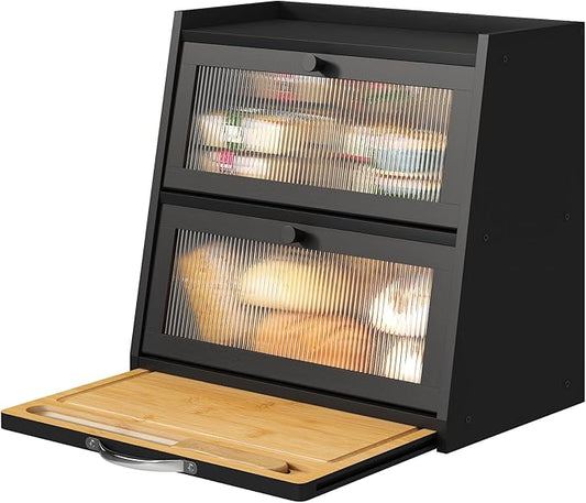 Bread Box for Kitchen Counter, Black Bread Box With Cutting Board, Bamboo Wood Large Capacity Bread Storage Bin with Acrylic Wavy Door Panel