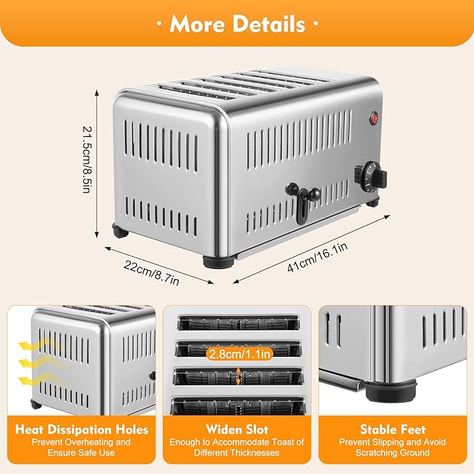6 Slice Toaster, Commercial Stainless Steel Wide Slot Toaster (1680W 110V) with Adjustable Browning Control, Electric Baking Machine, Bread Making Tool for Home Kitchen, Bakery, Cafe and Restaurant