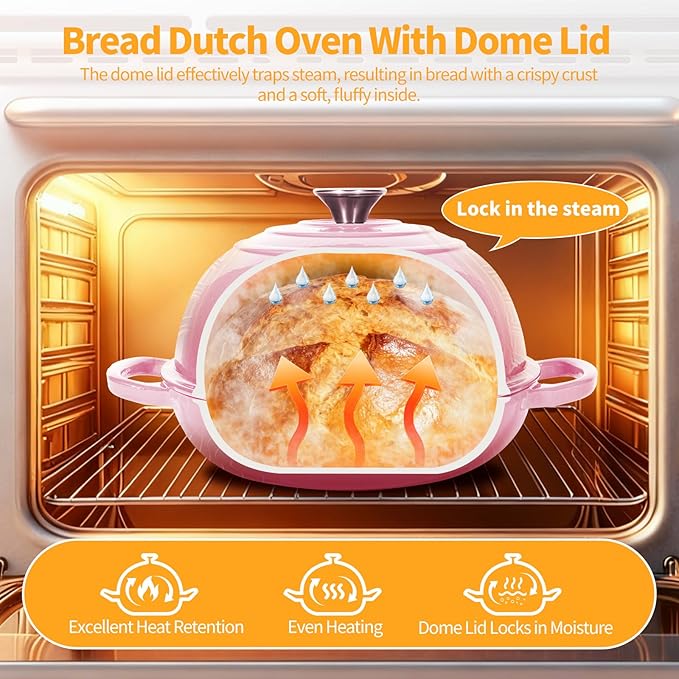 ONKO Dutch Oven For Sourdough Bread Baking, 6QT Enameled Cast Iron Dutch Oven Pot With Lid, Non-stick Sourdough Baking Pan with Bread Dome, Round Ceramic Dutch Ovens Pot with Cloche for Homemade