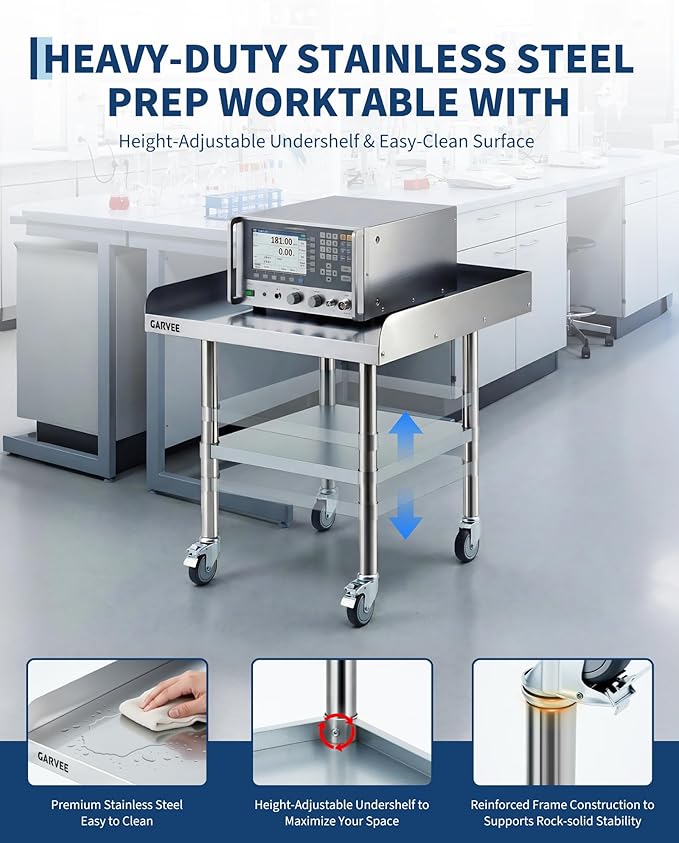 Garvee Stainless Steel Work Table, 30x30x26 Inch Commercial Food Prep Worktable with Wheels, Detachable 3-Sided Backsplash & Height-Adjustable Shelf, Heavy Duty Workbench for Kitchen Restaurant Garage
