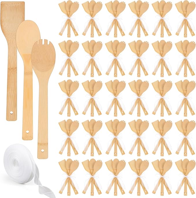 108 Pcs Bamboo Spatula Wooden Kitchen Utensil Bulk 12''wood Spoon Spatula for Cooking with Ribbon Bridal Baby Shower Game Prize Wedding Party Favors Housewarming Gift (Natural Style)