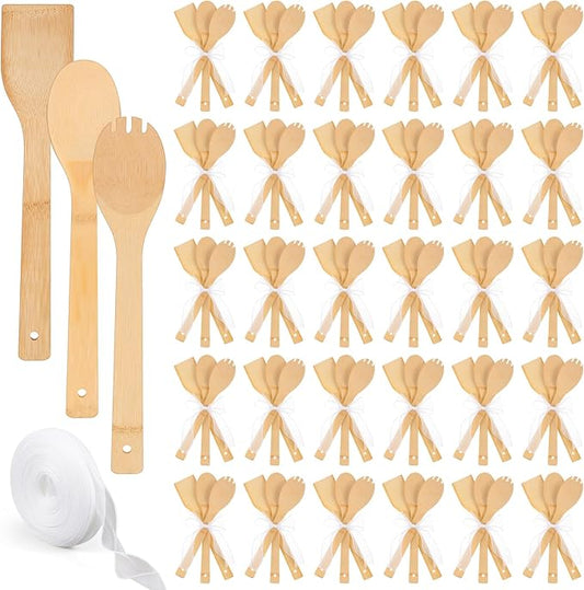 108 Pcs Bamboo Spatula Wooden Kitchen Utensil Bulk 12''wood Spoon Spatula for Cooking with Ribbon Bridal Baby Shower Game Prize Wedding Party Favors Housewarming Gift (Natural Style)