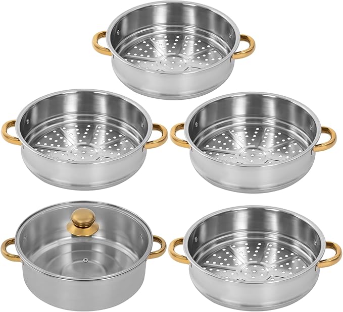 Stainless Steel Steamer Pots, Non-Stick Meat Vegetable Cooking Steam Pot Kitchen Steamer Cooker Dumpling Steamer Cookware Steaming Pots for Induction Cookers, Electric Ceramic Stoves (5-Tier, 26cm)