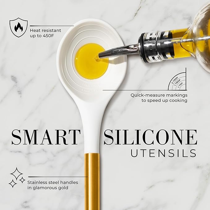 8 Piece White and Gold Kitchen Utensils – White Silicone Cooking Utensils Set, Ceramic Utensil Holder & Stackable Gold Spoon Rest –Nonstick, Non-Toxic, Heat Resistant, Luxury Kitchen Accessories