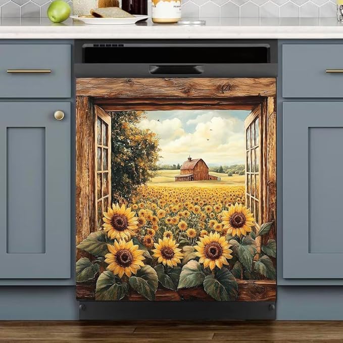 Rustic Barn Window View Dishwasher Magnet Cover,Sunflower Field Refrigerator Magnetic Vinyl Sticker for Dishwasher Door, Vintage Wood Kitchen Appliance Panel Decal, 23Wx26H Inches
