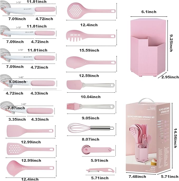 Kitchen Utensils Set,Caliamary 19 PCS Cooking Utensils Set with 360° Rotating Holder,Non-Stick Heat Resistan Kitchen Tools and Gadgets with Anti-slip Handle,Silicone One-Piece Molding (Pink)