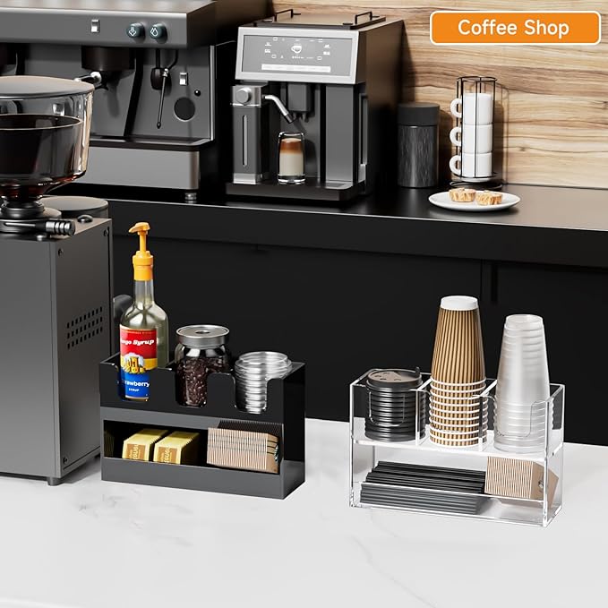 Beego 4-Compartment Cup Holder for Countertop - 2-Tier Clear Acrylic Cup Dispenser Coffee Station Paper Cup and Lid Organizer Condiment Storage for Restaurant Breakroom Kitchen Bar Accessories