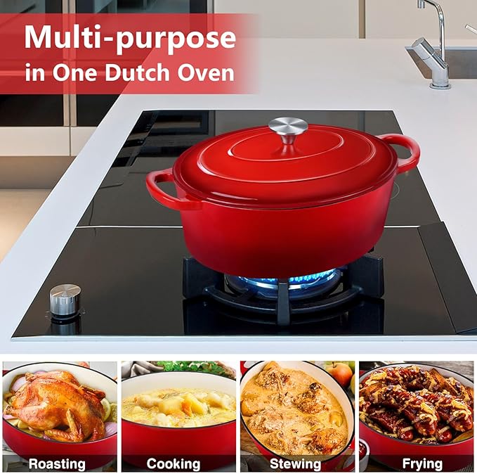 P&P CHEF Oval Dutch Oven with Lid, Enameled Cast Dutch Oven Pot for Bread Baking, Braising, Stewing, Roasting, Non-Stick & Oven Safe, Dual Handles & Easy Clean, 5QT & Red, Valentine's Day