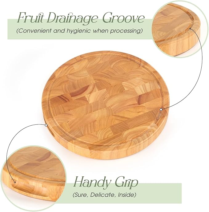 Extra Large & Thick Wood Cutting Board 13 x 13 x1.5 Inch, End Grain Built-In Compartment and Juice Canal, Heavy Duty Chopping Board, Thick Carving Board for Bread Fruits (Round: 13 x 13 x 1.5 inch)
