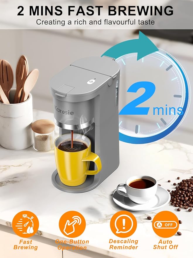 Small Single Serve Coffee Maker, Fast Brew for K-Cup & Ground Coffee, 6-12 Oz Brew Sizes, One-Button Single Cup Coffee Maker, Coffee Machine with Descaling Reminder,Grey