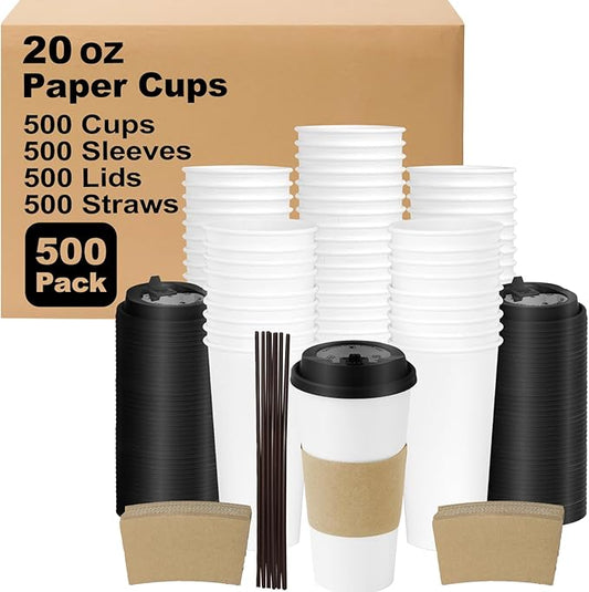 20 oz 500 Pack Coffee Cups with Lids and Sleeves, Straws, Hot Disposable To Go Travel Paper Cups Bulk for Office, Home Coffee Bar Accessories, Chocolate, Cocoa, Beverage (White)