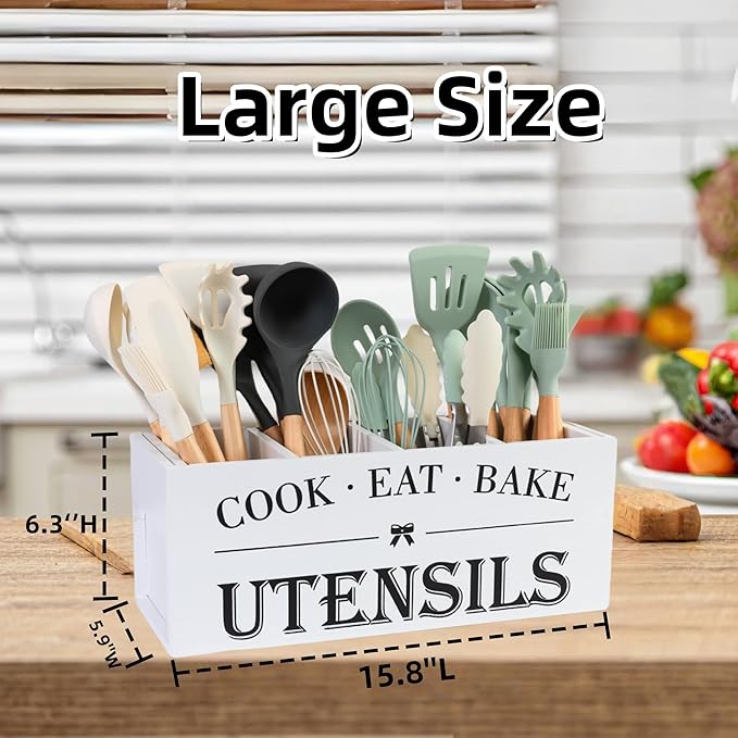 Utensil Holder,Extra Large Wooden Utensil Holder For Kitchen Counter,Cooking Spatula Organizer,Big Storage Caddy With 4 Compartments Flatware Spoon Tool Cutlery