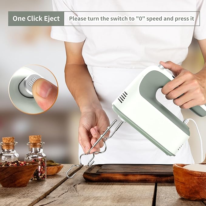 9-Speed Digital Hand Mixer Electric, 400W Powerful DC Motor, Hand Mixer Electric Handheld with Snap-On Storage Case, 5 Stainless Steel Accessories, Beaters, Dough Hooks, Whisk(Light Green)